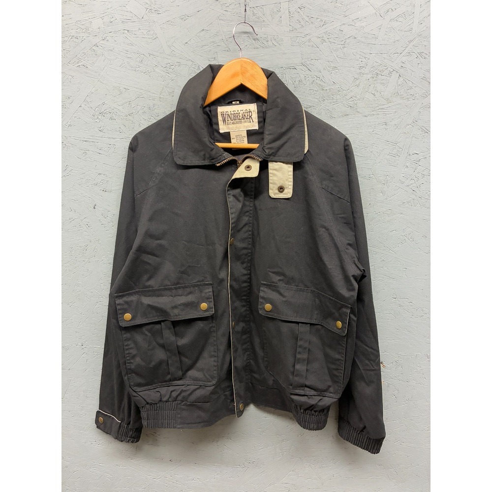 Original Windbreaker Jacket Men's Medium‎ Black Tan Trim Retro Utility Zip Coat